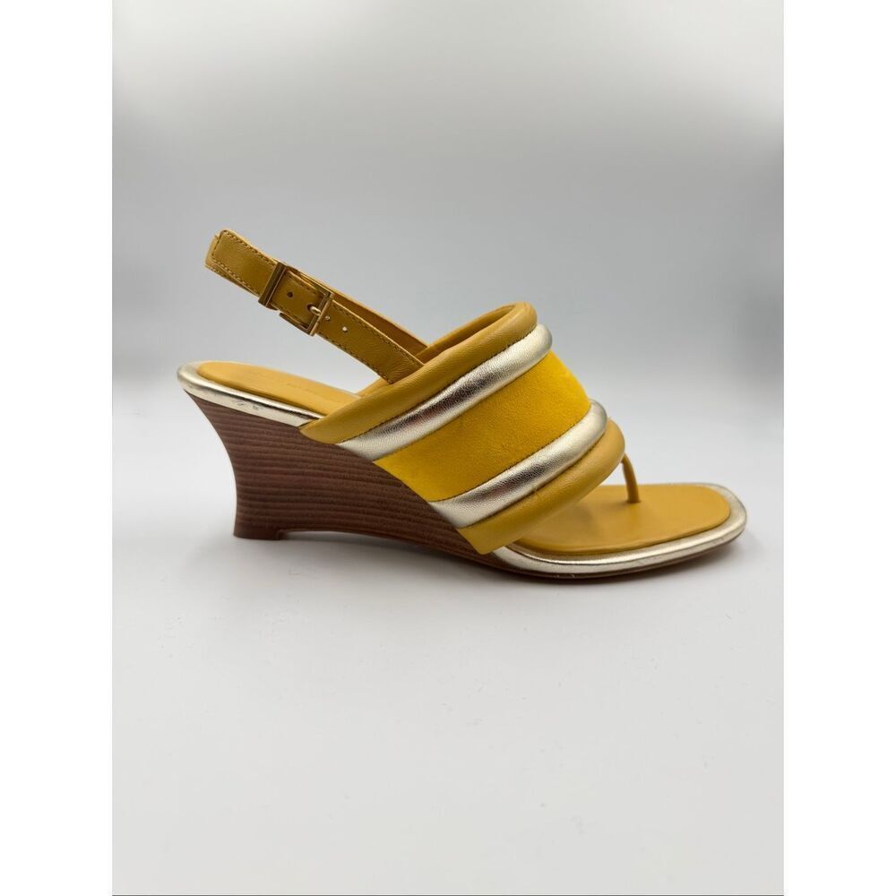 Tory Burch Yellow Metallic Puffy Leather Wedge Sandal Slingback Open Toe Size 9M